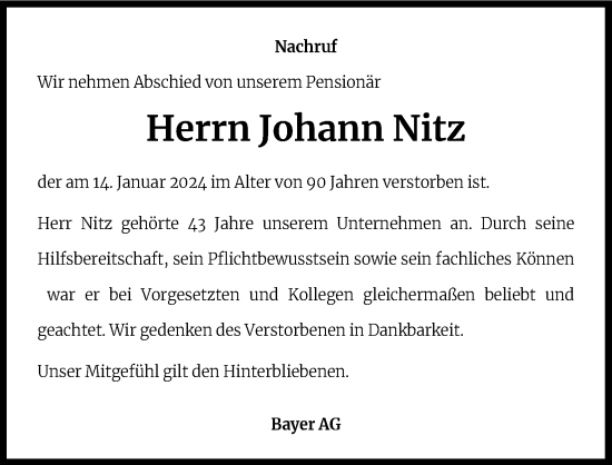 Anzeige von Johann Nitz von Kölner Stadt-Anzeiger / Kölnische Rundschau / Express
