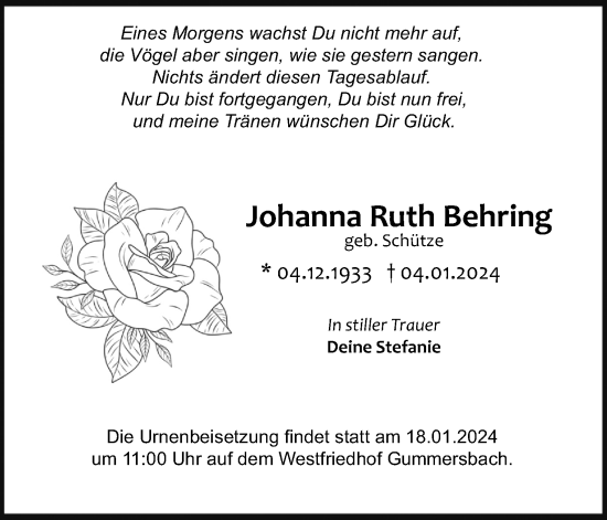 Anzeige von Johanna Ruth Behring von Kölner Stadt-Anzeiger / Kölnische Rundschau / Express