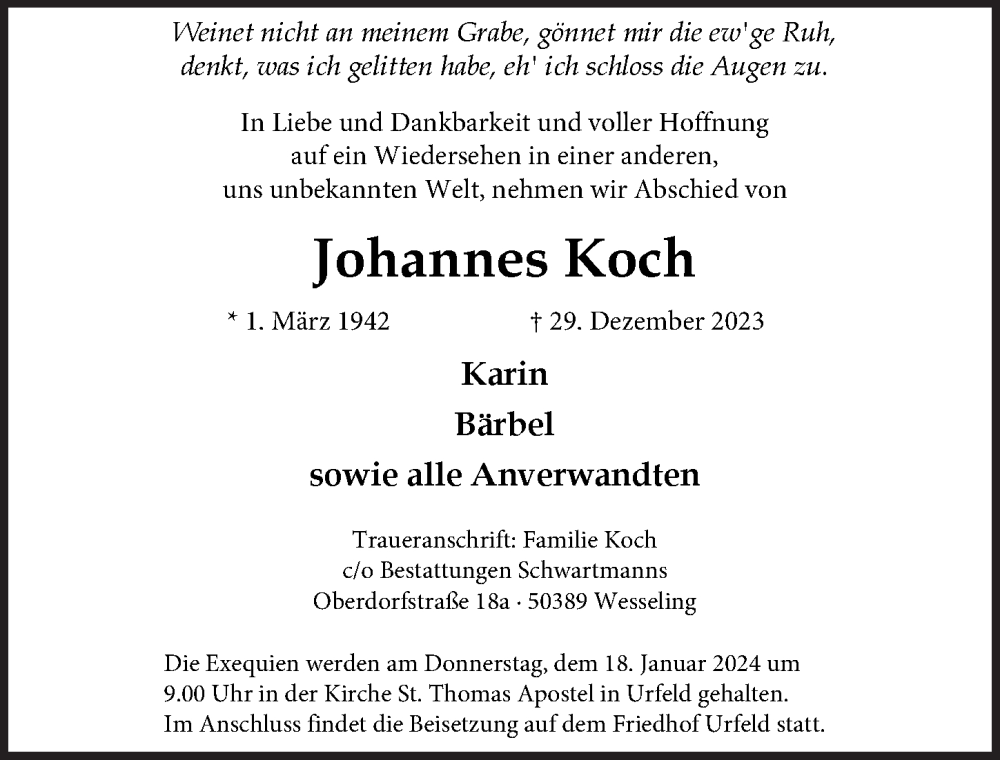  Traueranzeige für Johannes Koch vom 12.01.2024 aus  Schlossbote/Werbekurier 