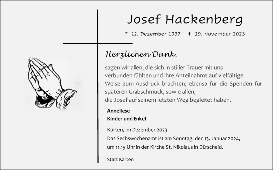 Anzeige von Josef Hackenberg von Kölner Stadt-Anzeiger / Kölnische Rundschau / Express