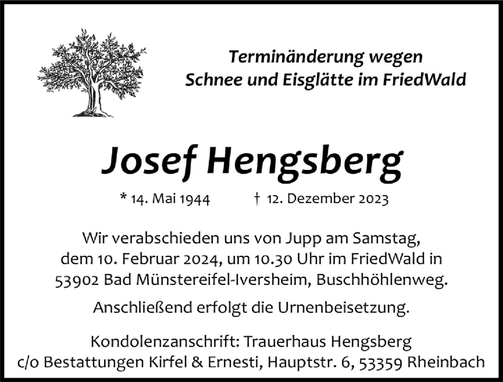  Traueranzeige für Josef Hengsberg vom 26.01.2024 aus  Schaufenster/Blickpunkt 