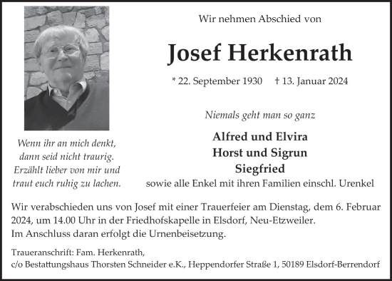 Anzeige von Josef Herkenrath von  Werbepost 