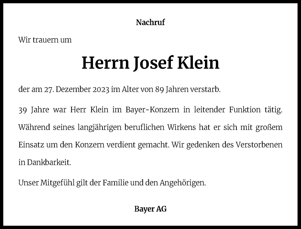  Traueranzeige für Josef Klein vom 22.01.2024 aus Kölner Stadt-Anzeiger / Kölnische Rundschau / Express