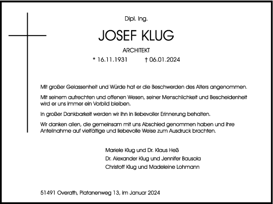 Anzeige von Josef Klug von Kölner Stadt-Anzeiger / Kölnische Rundschau / Express