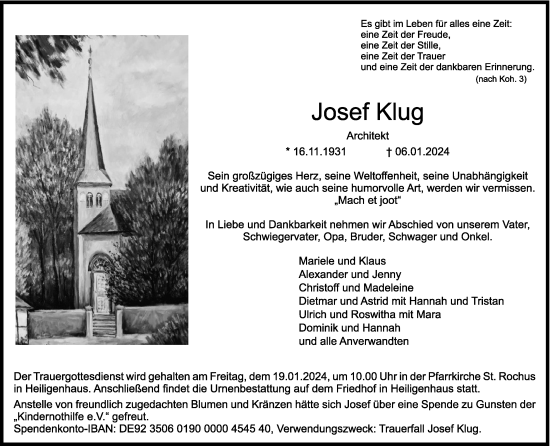 Anzeige von Josef Klug von Kölner Stadt-Anzeiger / Kölnische Rundschau / Express