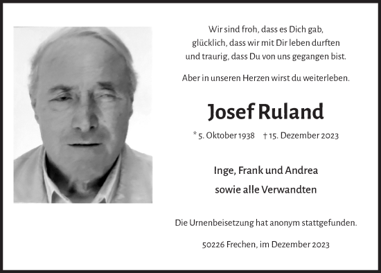 Anzeige von Josef Ruland von  Wochenende 