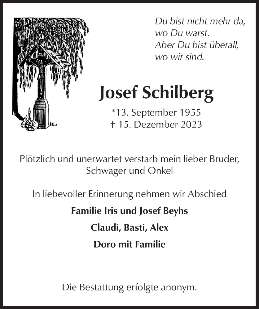  Traueranzeige für Josef Schilberg vom 19.01.2024 aus  Werbepost 