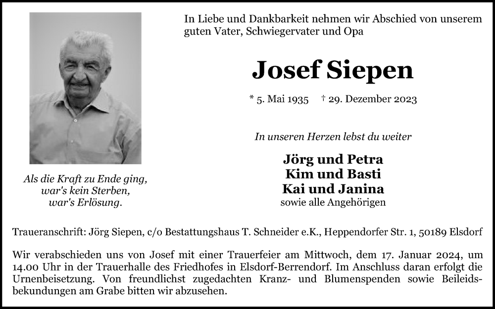  Traueranzeige für Josef Siepen vom 13.01.2024 aus Kölner Stadt-Anzeiger / Kölnische Rundschau / Express