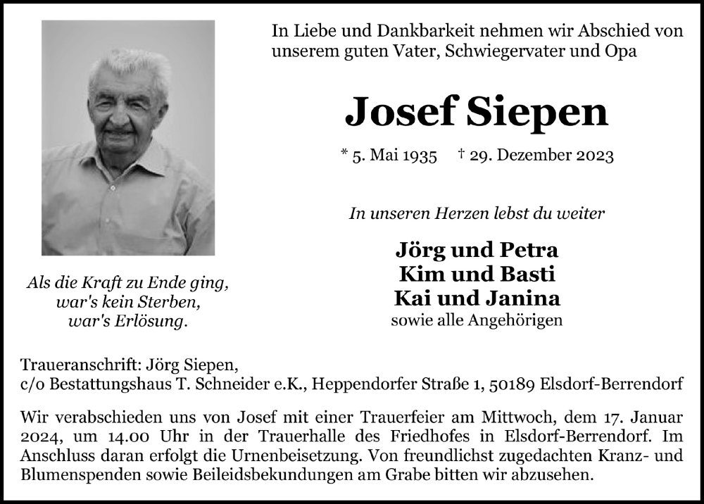  Traueranzeige für Josef Siepen vom 12.01.2024 aus  Werbepost 