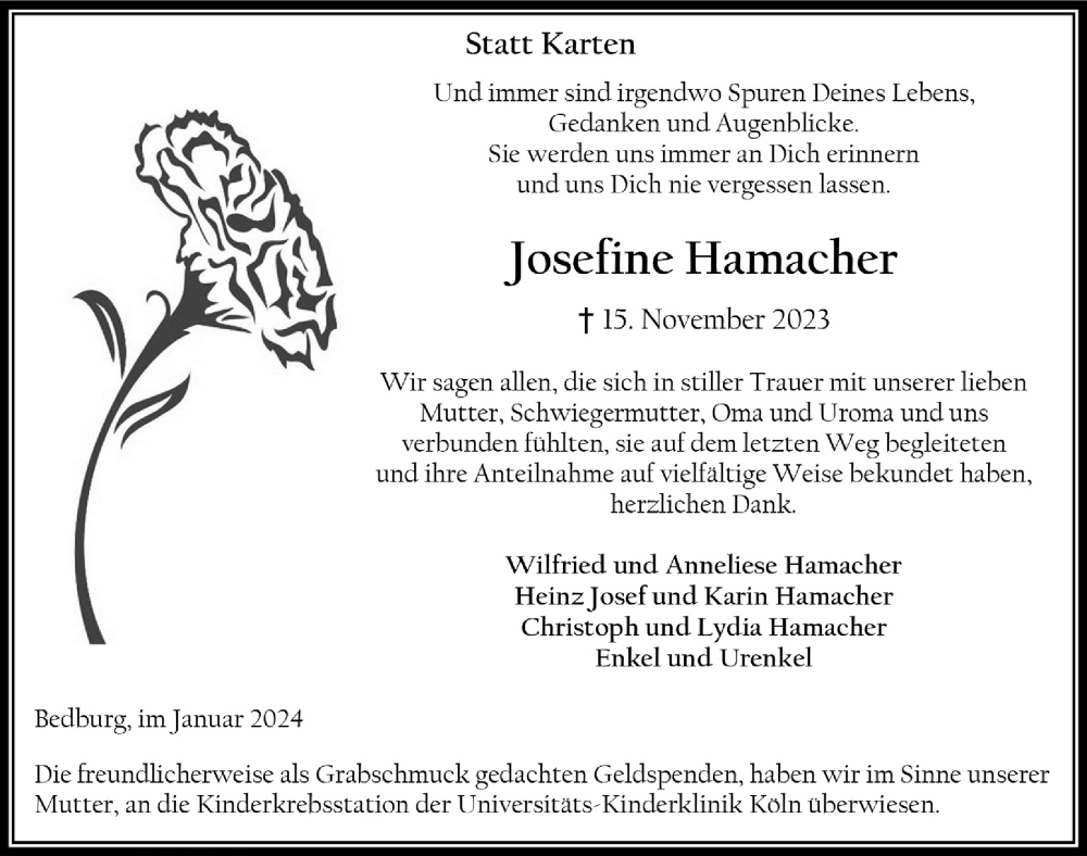  Traueranzeige für Josefine Hamacher vom 12.01.2024 aus  Werbepost 
