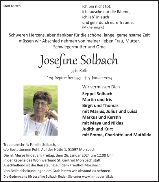 Anzeige von Josefine Solbach von  Lokalanzeiger 