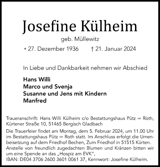 Anzeige von Josejine Külheim von Kölner Stadt-Anzeiger / Kölnische Rundschau / Express