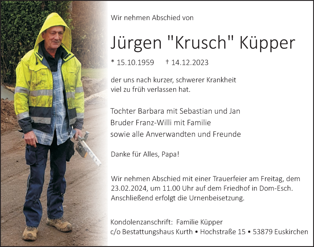  Traueranzeige für Jürgen Küpper vom 06.01.2024 aus  Blickpunkt Euskirchen 
