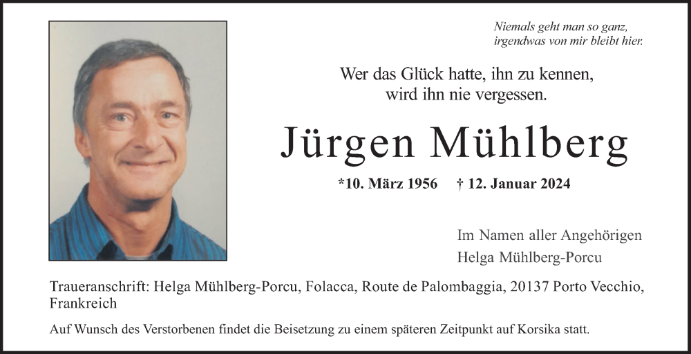  Traueranzeige für Jürgen Mühlberg vom 20.01.2024 aus Kölner Stadt-Anzeiger / Kölnische Rundschau / Express