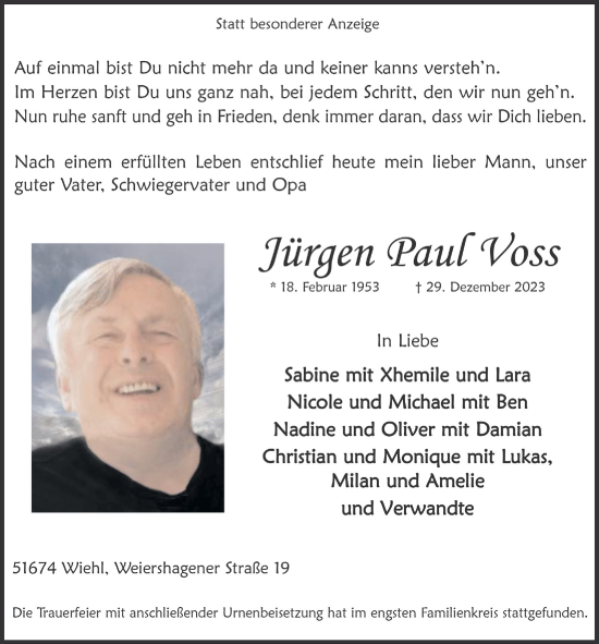 Anzeige von Jürgen Paul Voss von  Anzeigen Echo 