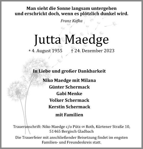 Anzeige von Jutta Maedge von Kölner Stadt-Anzeiger / Kölnische Rundschau / Express