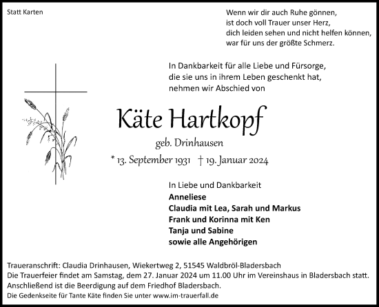 Anzeige von Käte Hartkopf von Kölner Stadt-Anzeiger / Kölnische Rundschau / Express