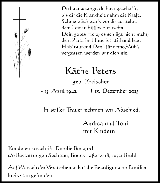 Anzeige von Käthe Peters von Kölner Stadt-Anzeiger / Kölnische Rundschau / Express