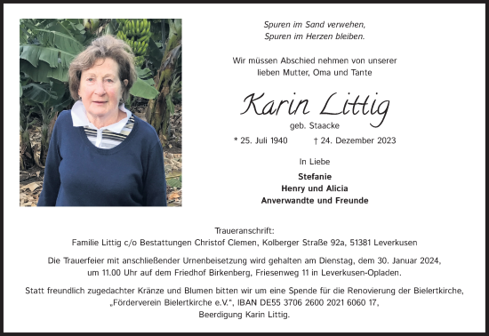 Anzeige von Karin Littig von Kölner Stadt-Anzeiger / Kölnische Rundschau / Express