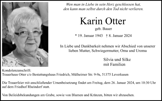 Anzeige von Karin Otter von Kölner Stadt-Anzeiger / Kölnische Rundschau / Express