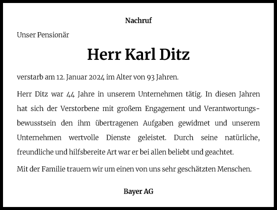 Anzeige von Karl Ditz von Kölner Stadt-Anzeiger / Kölnische Rundschau / Express
