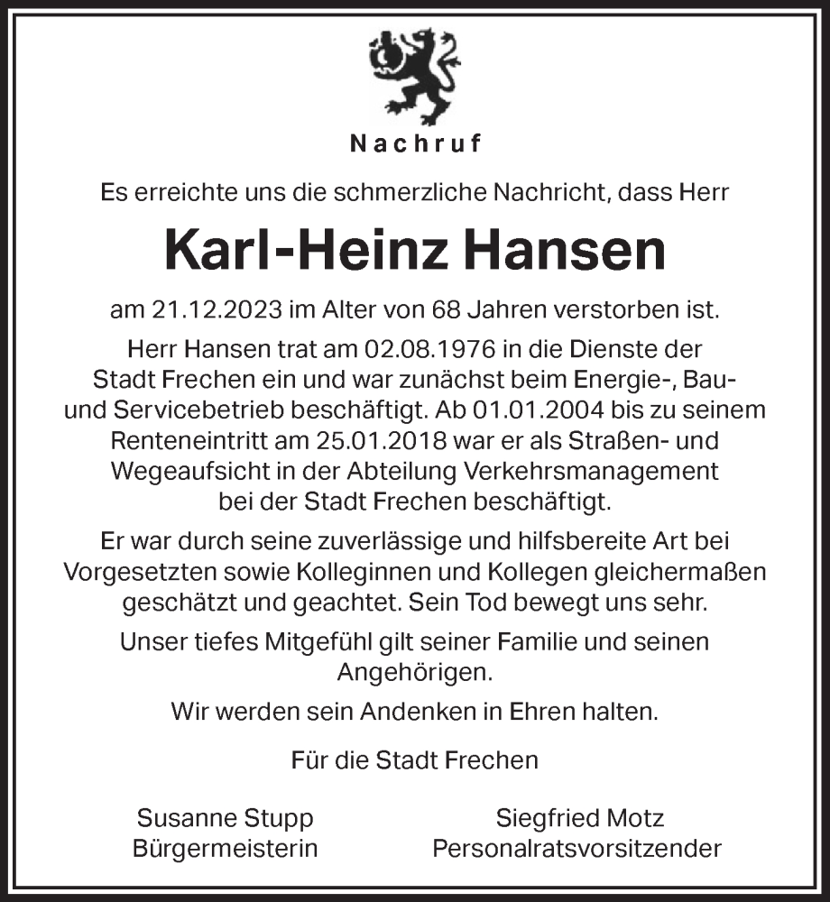 Traueranzeige für Karl-Heinz Hansen vom 12.01.2024 aus  Wochenende 