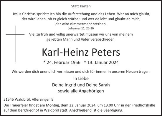 Anzeige von Karl-Heinz Peters von  Lokalanzeiger 