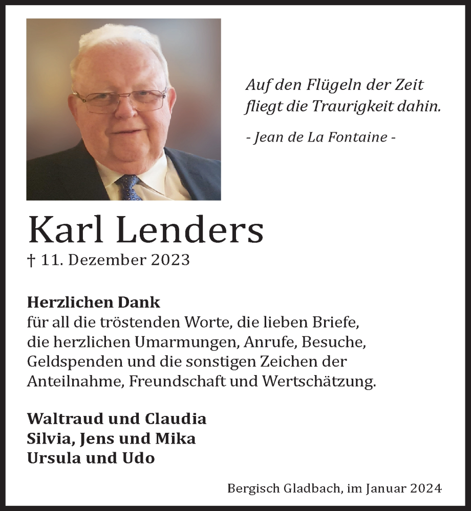  Traueranzeige für Karl Lenders vom 26.01.2024 aus  Bergisches Handelsblatt 