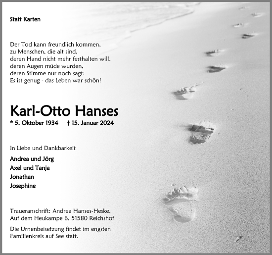 Anzeige von Karl-Otto Hanses von Kölner Stadt-Anzeiger / Kölnische Rundschau / Express