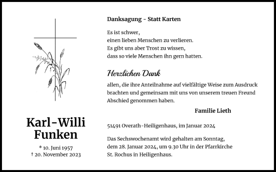 Anzeige von Karl-Willi Funken von Kölner Stadt-Anzeiger / Kölnische Rundschau / Express