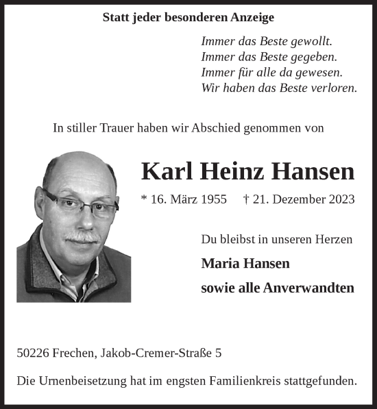 Anzeige von Karl Heinz Hansen von  Wochenende 