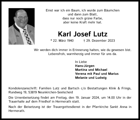 Anzeige von Karl Josef Lutz von Kölner Stadt-Anzeiger / Kölnische Rundschau / Express