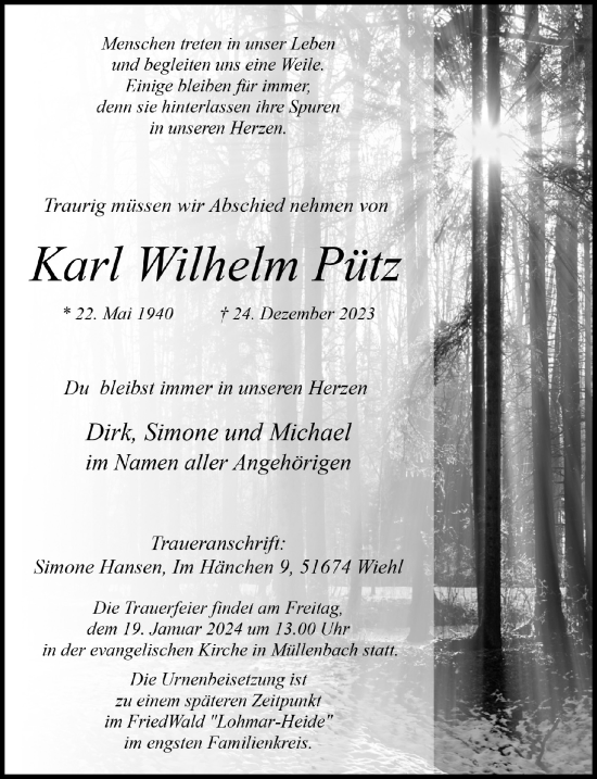 Anzeige von Karl Wilhelm Pütz von  Anzeigen Echo 