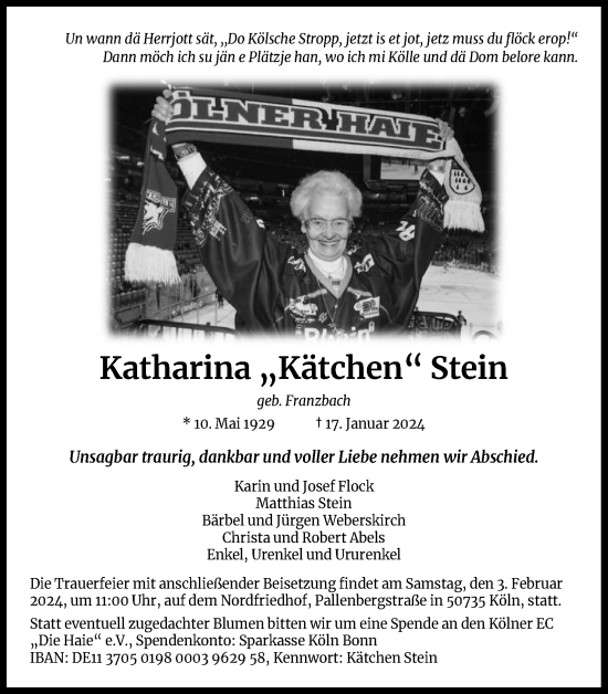 Anzeige von Katharina Stein von Kölner Stadt-Anzeiger / Kölnische Rundschau / Express