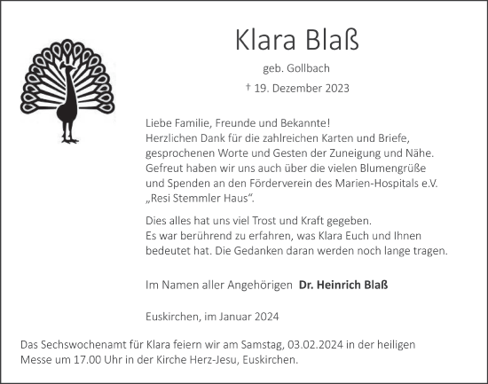 Anzeige von Klara Blaß von  Blickpunkt Euskirchen 