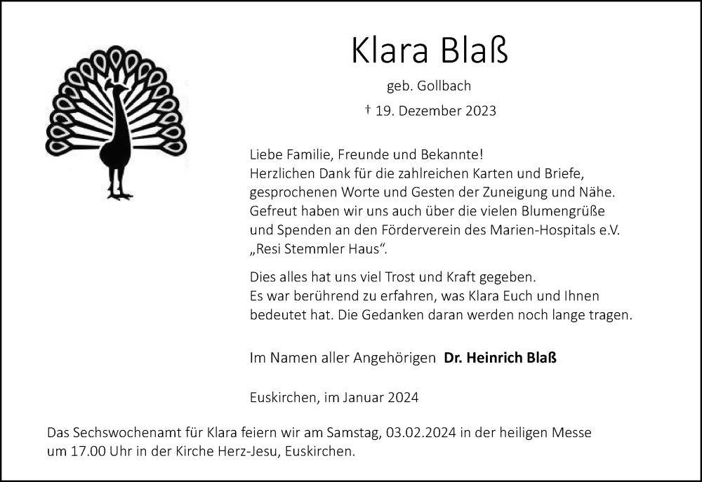 Traueranzeige für Klara Blaß vom 13.01.2024 aus Kölner Stadt-Anzeiger / Kölnische Rundschau / Express