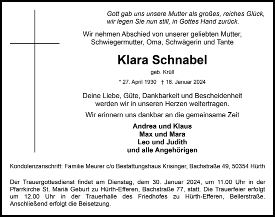 Anzeige von Klara Schnabel von  Wochenende 