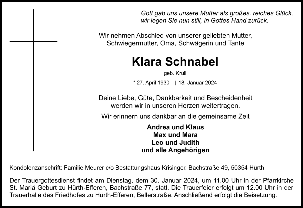  Traueranzeige für Klara Schnabel vom 27.01.2024 aus Kölner Stadt-Anzeiger / Kölnische Rundschau / Express