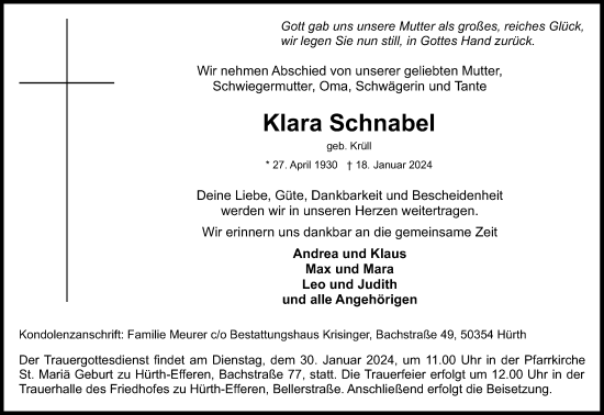 Anzeige von Klara Schnabel von Kölner Stadt-Anzeiger / Kölnische Rundschau / Express