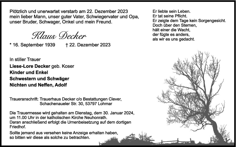  Traueranzeige für Klaus Decker vom 27.01.2024 aus Kölner Stadt-Anzeiger / Kölnische Rundschau / Express