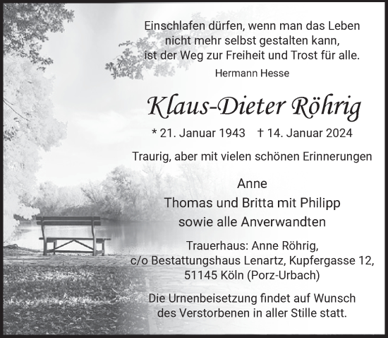 Anzeige von Klaus-Dieter Röhrig von  EXPRESS - Die Woche 