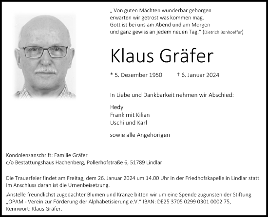 Anzeige von Klaus Gräfer von Kölner Stadt-Anzeiger / Kölnische Rundschau / Express
