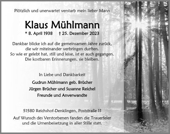 Anzeige von Klaus Mühlmann von  Lokalanzeiger 