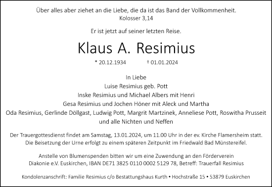 Anzeige von Klaus A. Resimius von Kölner Stadt-Anzeiger / Kölnische Rundschau / Express