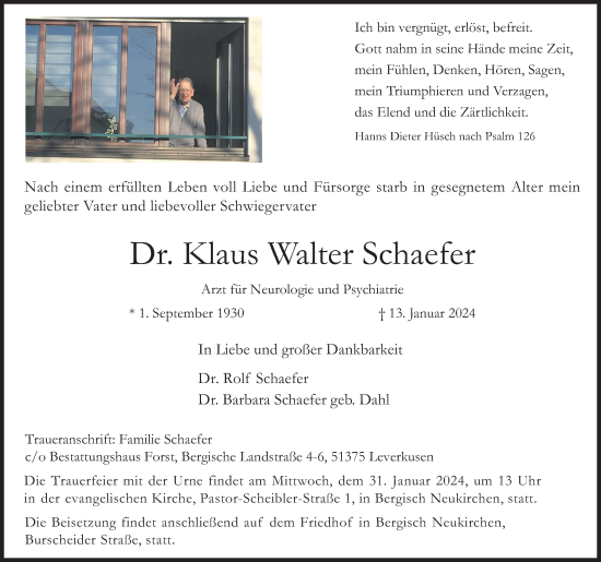 Anzeige von Klaus Walter Schaefer von Kölner Stadt-Anzeiger / Kölnische Rundschau / Express