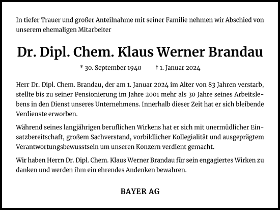 Anzeige von Klaus Werner Brandau von Kölner Stadt-Anzeiger / Kölnische Rundschau / Express