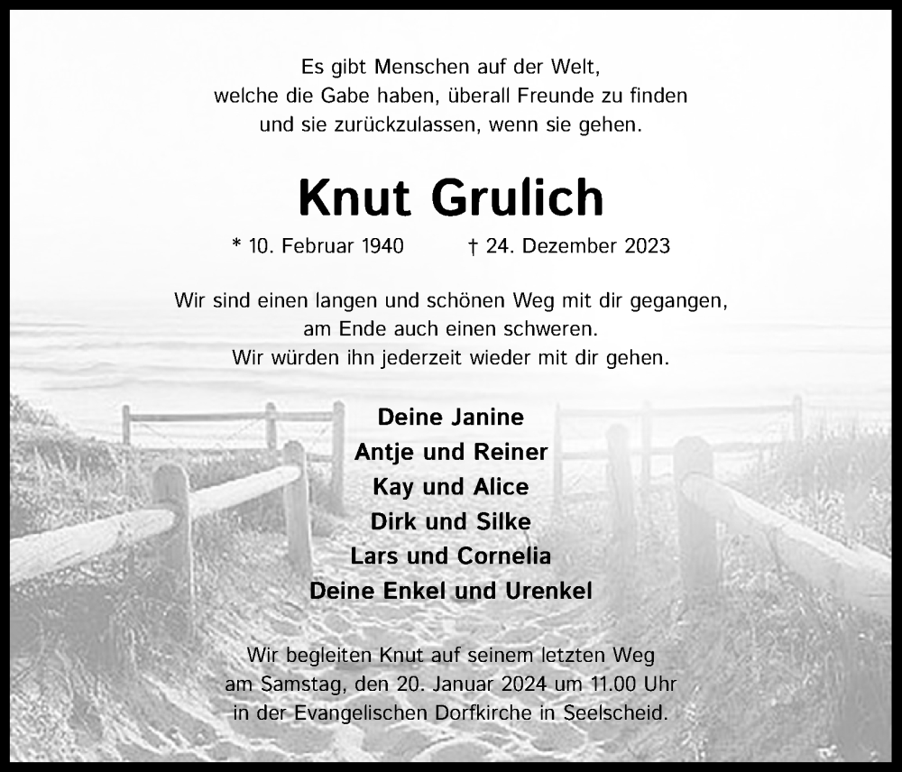  Traueranzeige für Knut Grulich vom 13.01.2024 aus Kölner Stadt-Anzeiger / Kölnische Rundschau / Express