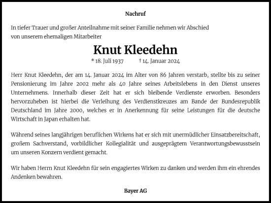 Anzeige von Knut Kleedehn von Kölner Stadt-Anzeiger / Kölnische Rundschau / Express