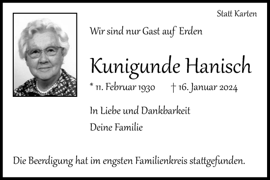 Anzeige von Kunigunde Hanisch von Kölner Stadt-Anzeiger / Kölnische Rundschau / Express