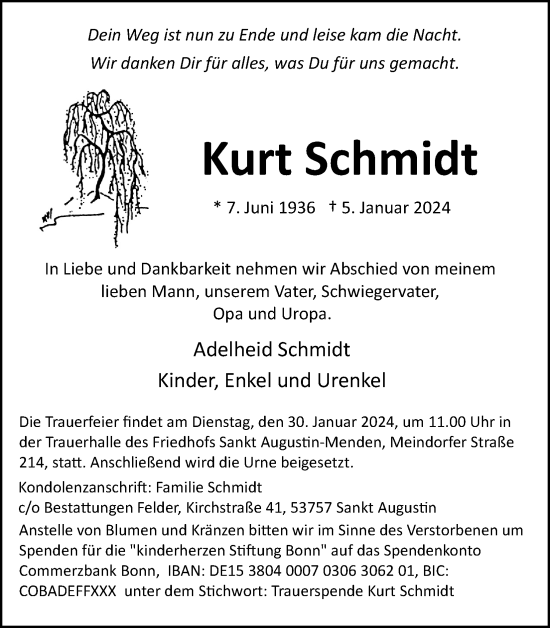 Anzeige von Kurt Schmidt von Kölner Stadt-Anzeiger / Kölnische Rundschau / Express